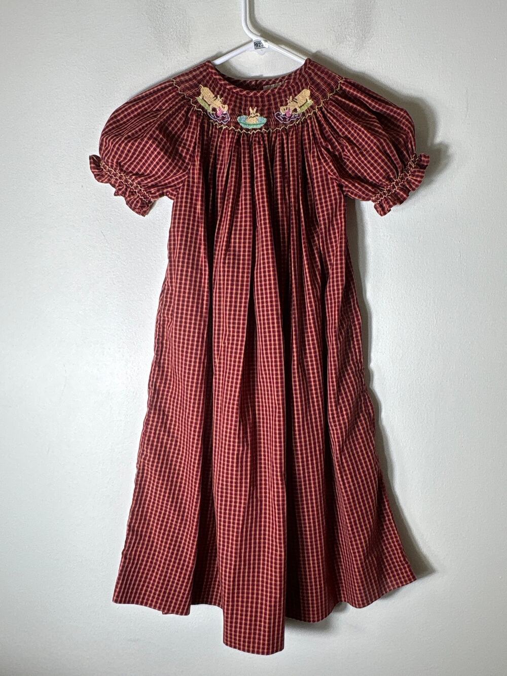 Girls Vintage Alennys Red,Black&Tan Plaid Smocked Hippo Dress Sz 6x
